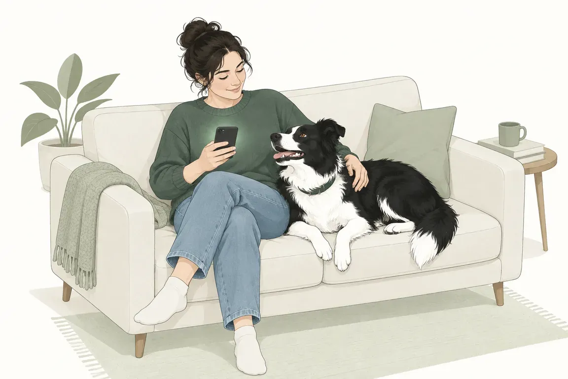 A dog owner on the couch at home, phone in hand, with their dog resting against them