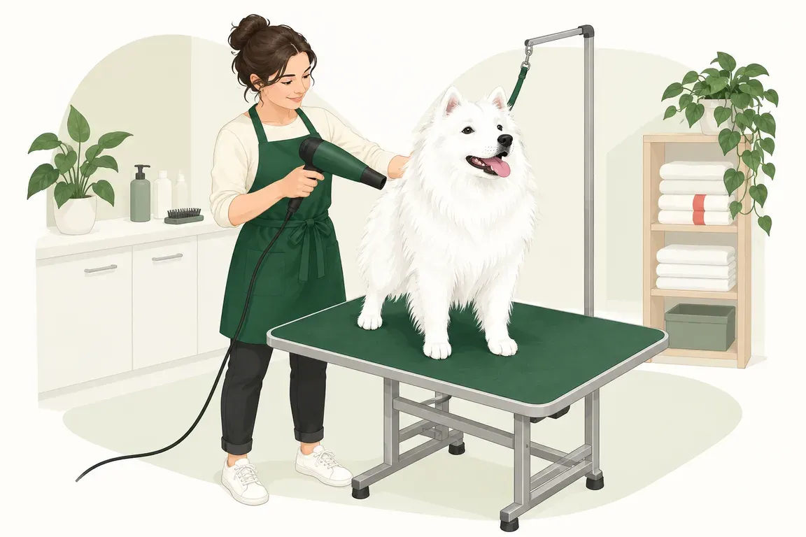 A groomer blow-drying a bichon frise standing on a green salon table, with towels and clippers beside them
