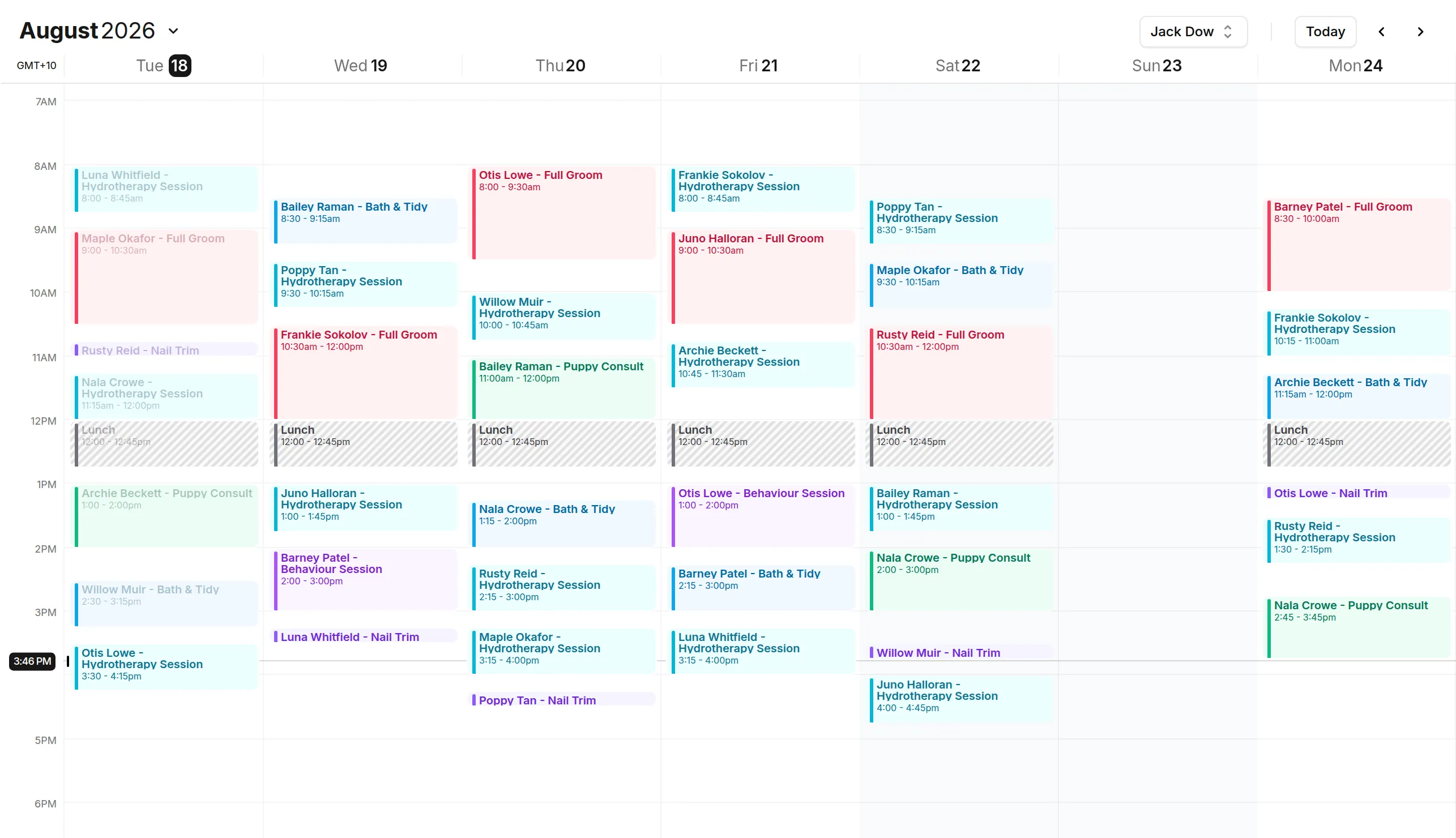 The liddle calendar showing a week of grooming and hydrotherapy appointments across seven days