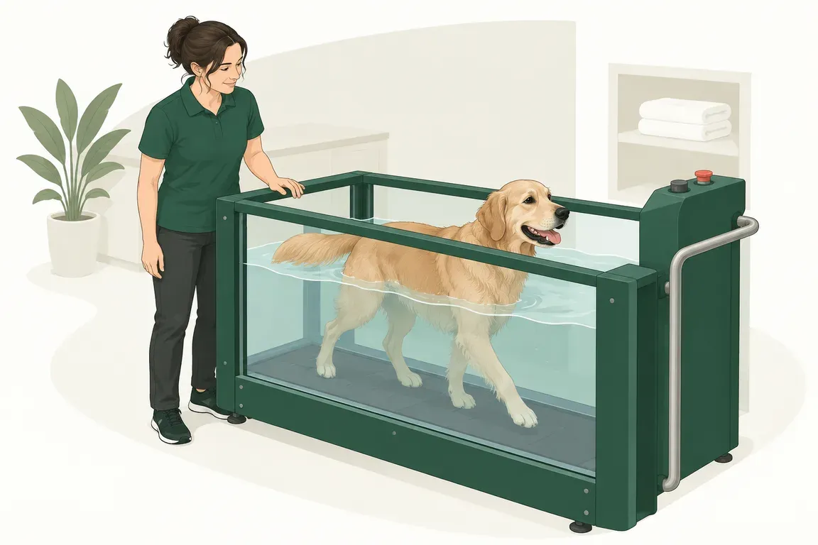 A hydrotherapist in a green uniform steadying a golden retriever as it walks on the underwater treadmill of a glass hydrotherapy tank