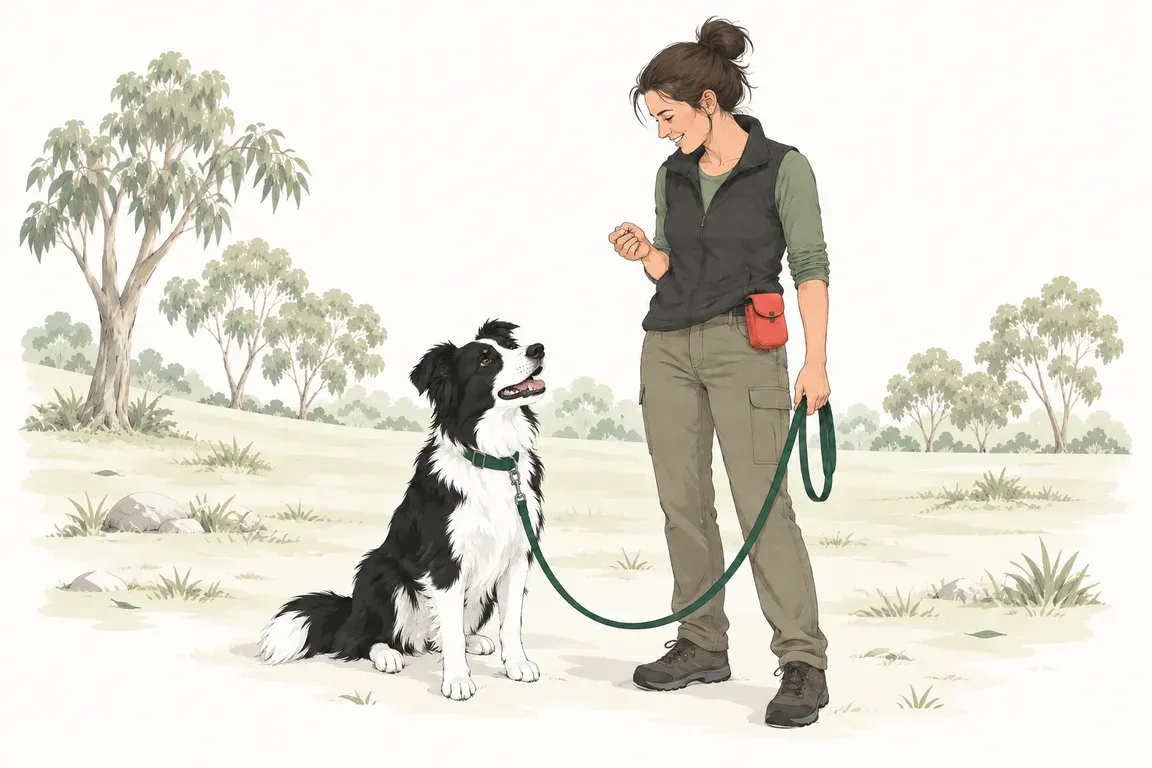 A trainer in a sunlit park holding a treat pouch and a long lead, asking a border collie sitting in front of her for attention